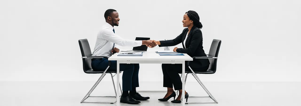 Business professionals shaking hands in a modern office